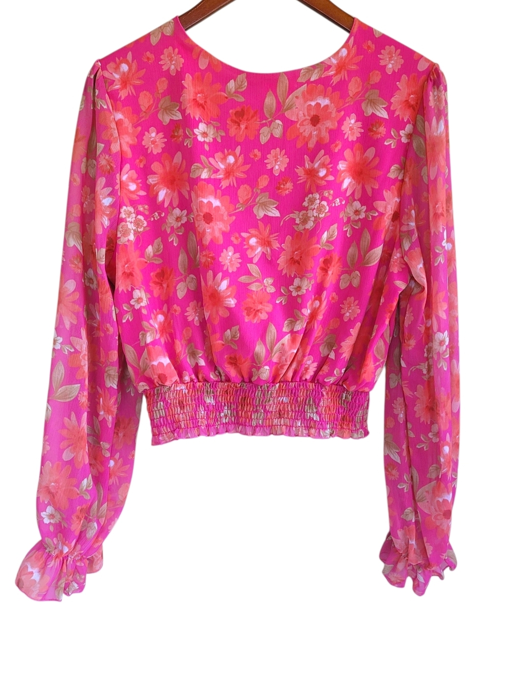 Peach Love Floral Crossover Long Sheer Sleeve Crop Top Pink Womens Large - Picture 3 of 7